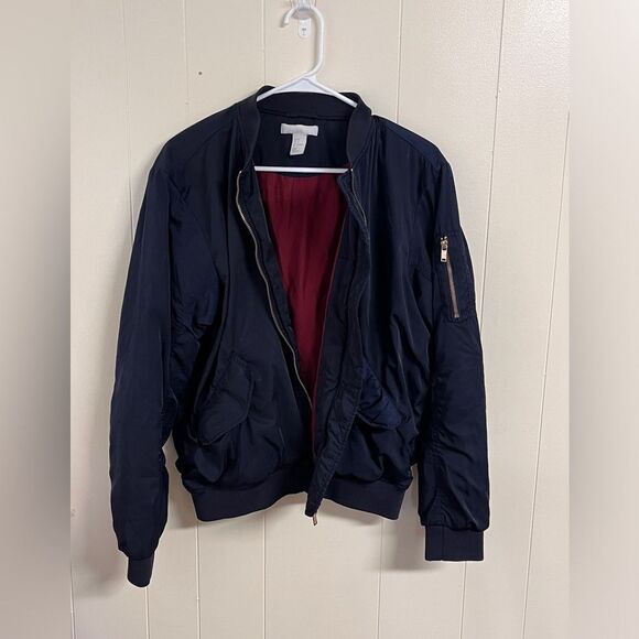 H&M Navy Bomber Jacket moto coat oversized Sz 8 Medium - Picture 4 of 10